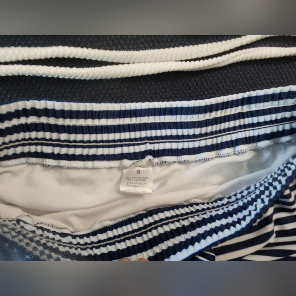 Like new White Bikini top & Navy and White Stripe Swim Shorts. Women's Small. - Picture 4 of 8